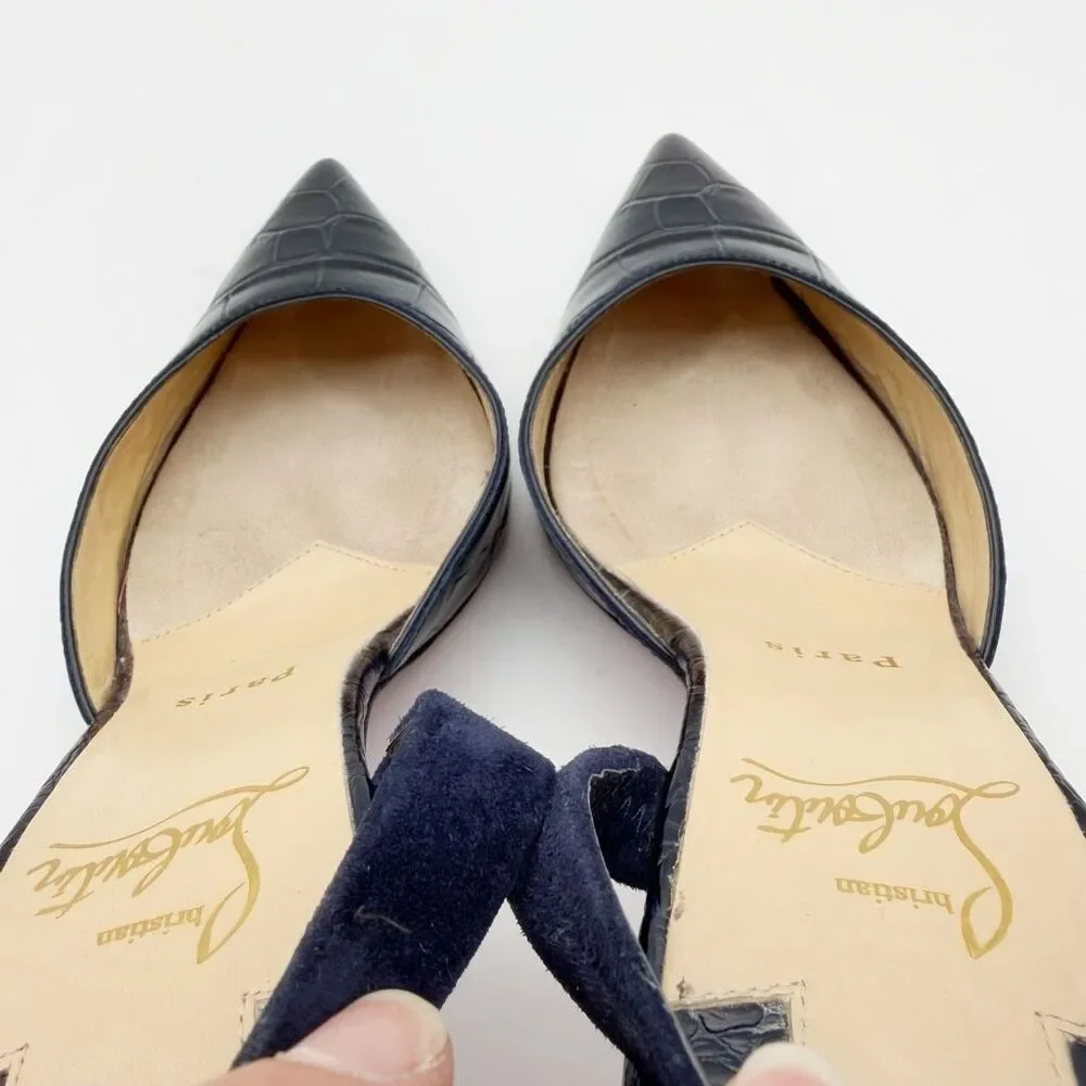 CHRISTIAN LOUBOUTIN Choc Lock Navy Blue Slide Size 37.5 US 7 Leather Heel Mule - Picture 10 of 13